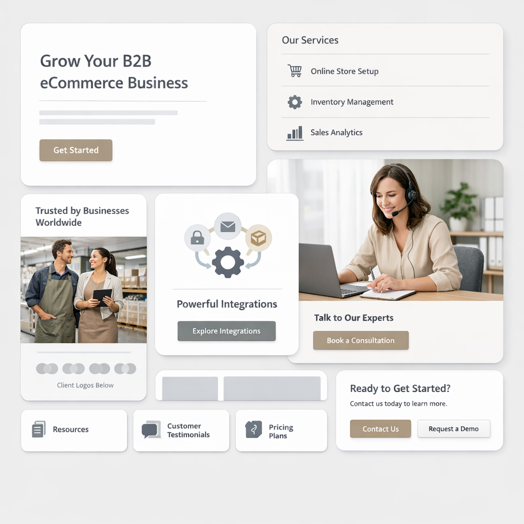 Exemple de mise en page bento grid sur Divi avec cartes de tailles différentes et CTA e-commerce B2B
