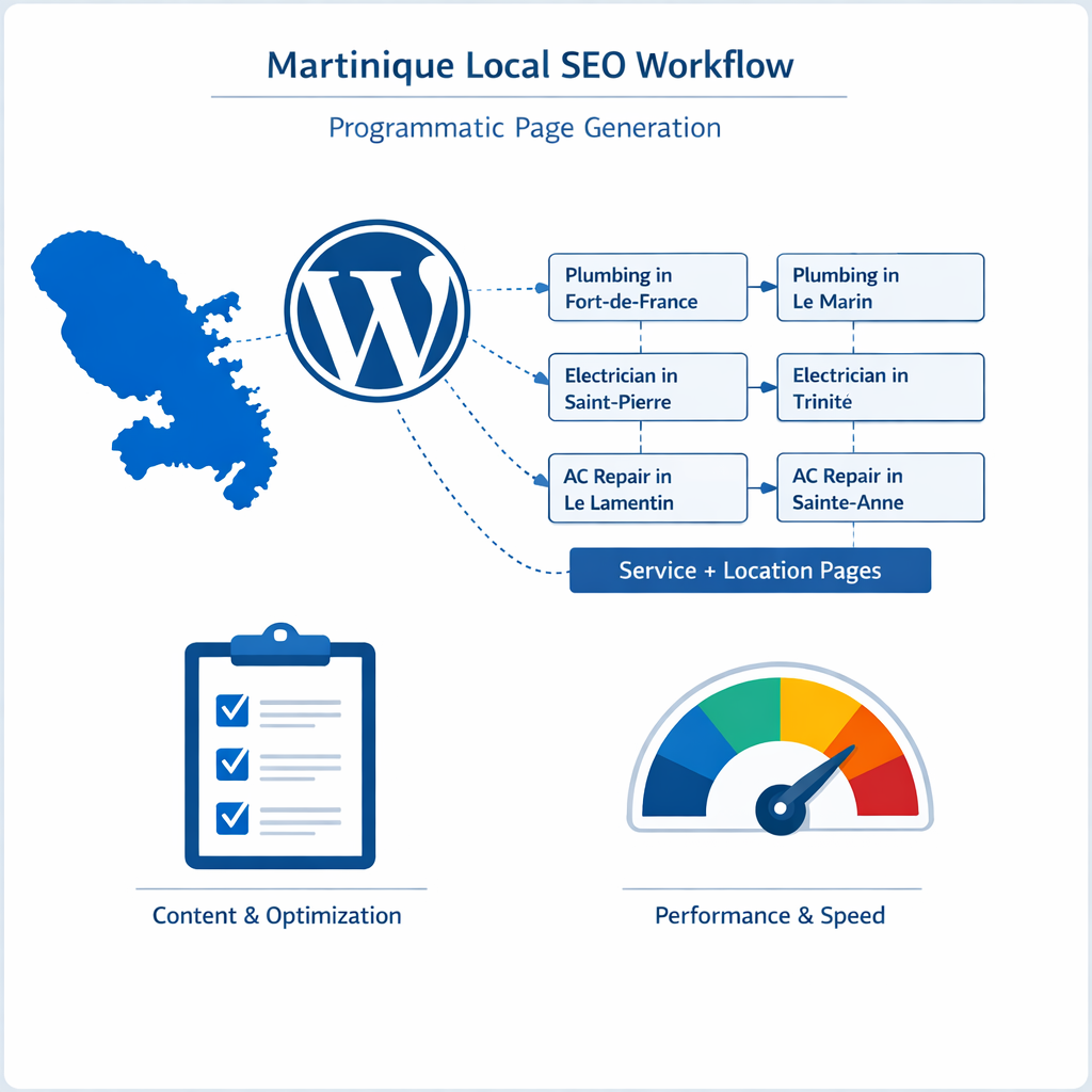 Schéma de génération de pages locales SEO en Martinique sur WordPress avec maillage interne
