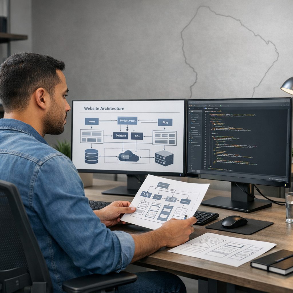 Ingénieur développeur WordPress travaillant sur l’architecture d’un site pour une entreprise en Guyane