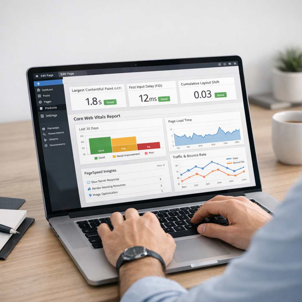 Expert Core Web Vitals analysant la performance d’un site WordPress WooCommerce sur un ordinateur portable