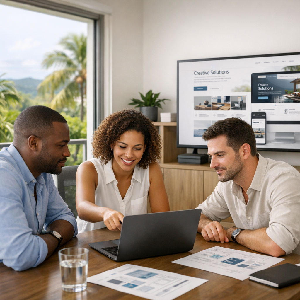 Équipe d’une agence web haut de gamme en Martinique travaillant sur une maquette WordPress sur ordinateur portable