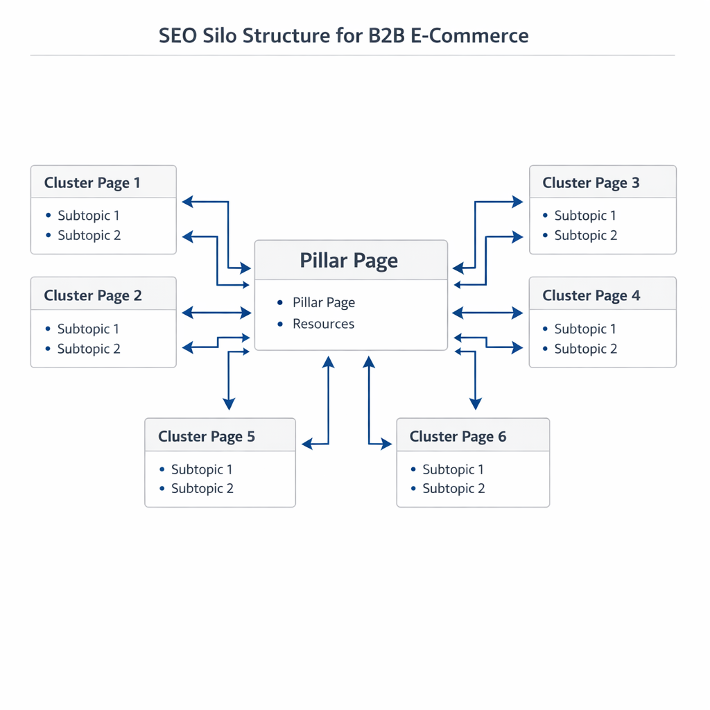 Schéma d’architecture en silo SEO avec une page pilier, des sous-pages et un maillage interne thématique