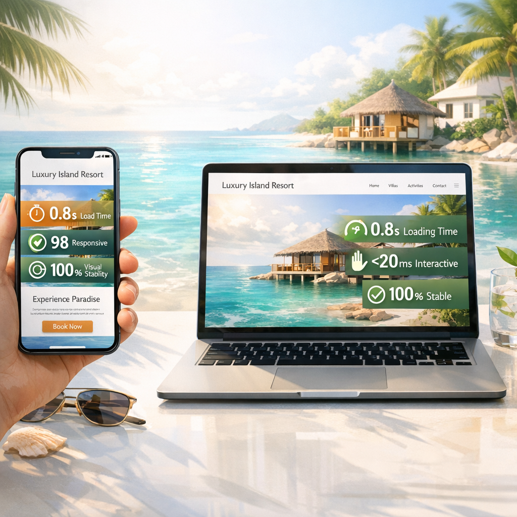 Illustration d’un site WordPress premium affiché instantanément sur smartphone et ordinateur, avec indicateurs de performance web