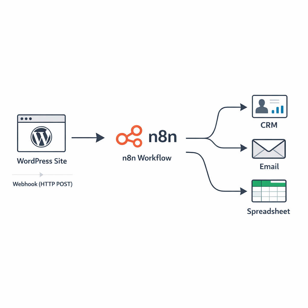 Schéma d’un webhook WordPress vers n8n reliant un site WooCommerce à un workflow d’automatisation B2B