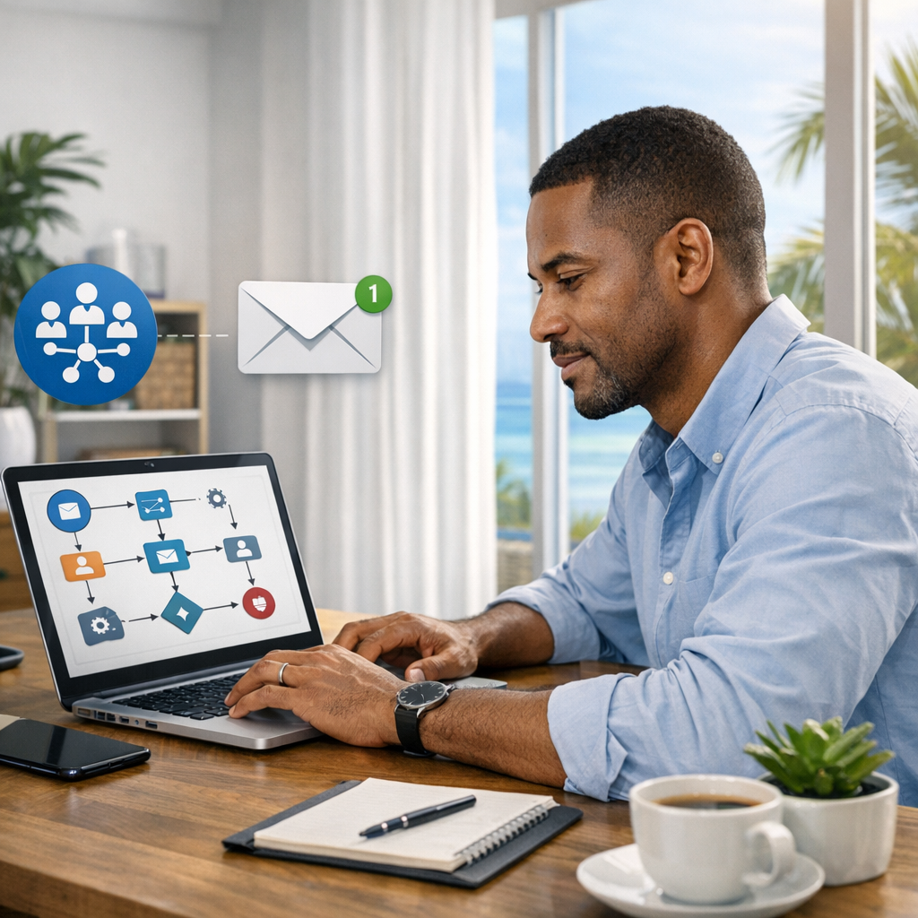 Consultant en automatisation n8n configurant des workflows entre CRM, email et WordPress pour une agence aux Antilles
