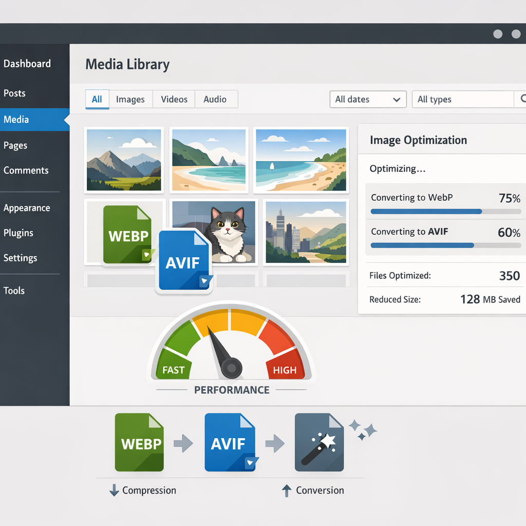 Illustration d’un site WordPress optimisant des images en WebP et AVIF pour améliorer la performance web